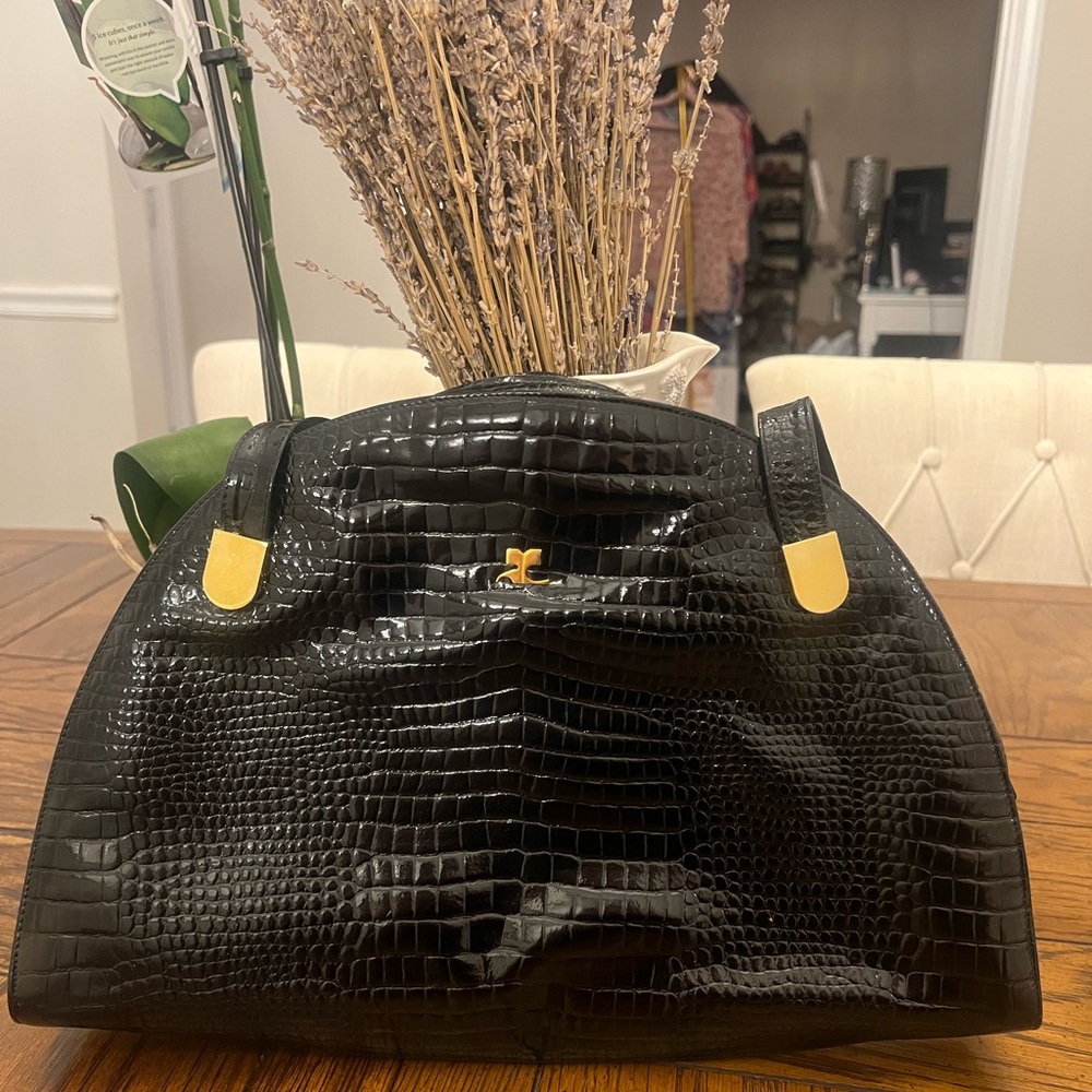 Vintage Courreges Paris Elegant Black Crocodile-Embossed Women's Bag